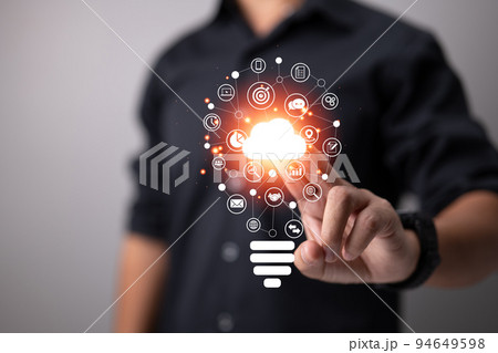 Business social media marketing and digital online marketing with cloud. A unique light bulb with an application icon. business software and social media concepts. 94649598