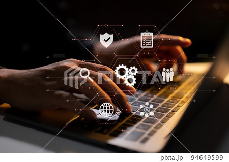 Coding software developers work with augmented reality dashboard computer icons with responsive cybersecurity. 94649599