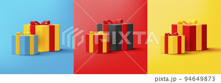 Set of gift boxes with ribbon and bow, small and large in different colors 94649873