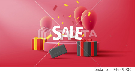 Promo 3d illustration with pedestal with balloons and gift boxes with sale typography Promo 3d illustration with pedestal with balloons and gift boxes with sale typography 94649900