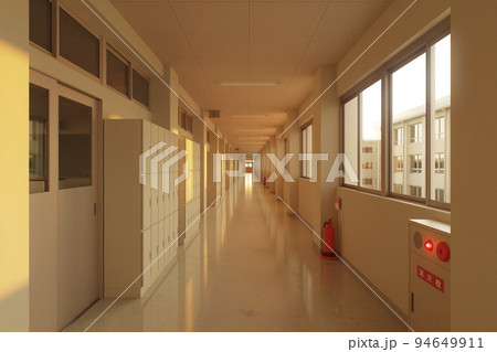 夕日が差し込む放課後の学校の無人の廊下 / 学園ロケーション・青春とノスタルジーのコンセプトイメージ 94649911