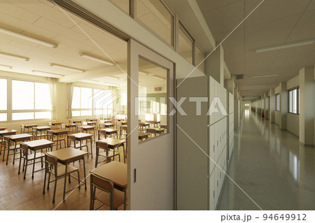 朝日が差し込む早朝の無人の教室と廊下 / 学園ロケーション・青春とノスタルジーのコンセプトイメージ 94649912