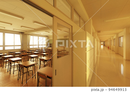 夕日が差し込む放課後の無人の教室と廊下 / 学園ロケーション・青春とノスタルジーのコンセプトイメージ 夕日が差し込む放課後の無人の教室と廊下 / 学園ロケーション・青春とノスタルジーのコンセプトイメージ 94649913