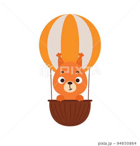 Cute little squirrel flying on hot air balloon. Cartoon animal character for kids t-shirts, nursery decoration, baby shower, greeting card, invitation, house interior. Vector stock illustration 94650864