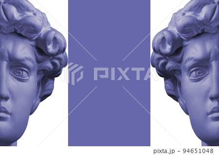 Antique sculpture of human face in artificial intelligence pop art style. Modern creative concept image with ancient statue head. Contemporary neural network art poster. Funky punk collage design. 94651048