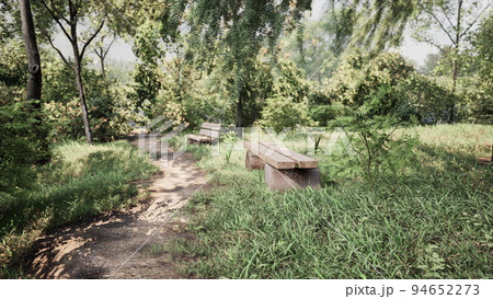 Bench in the summer park with old trees and footpath Bench in the summer park with old trees and footpath 94652273