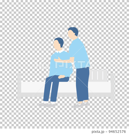 A man who gets up from the bed and a care worker who assists A man who gets up from the bed and a care worker who assists 94652576