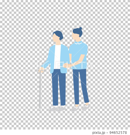 A woman with a cane and a care worker assisting 94652578