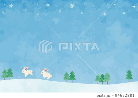 冬をイメージした手描きのウサギと風景イラスト 94652881