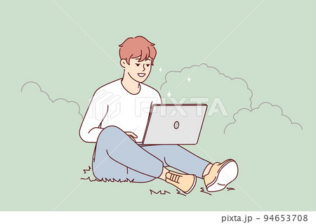 Smiling guy sit outdoors work on computer Smiling guy sit outdoors work on computer 94653708