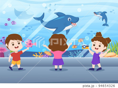 Aquarium Template Hand Drawn Cartoon Flat Illustration with Kids Looking at Underwater Fish, Sea Animals Variety, Marine Flora and Fauna Aquarium Template Hand Drawn Cartoon Flat Illustration with Kids Looking at Underwater Fish, Sea Animals Variety, Marine Flora and Fauna 94654326