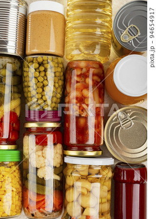 Emergency groceries food background flat lay 94654917