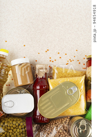 Emergency groceries food background with copyspace 94654918