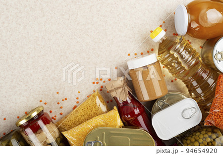 Emergency groceries food background with copyspace 94654920