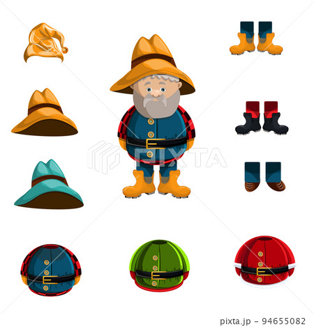 A vector image of a middle-aged man with a beard and a wide-brimmed hat, with a reference to the owner of the ranch or estate, and the elements of which it is composed and similar variants. Isolated o A vector image of a middle-aged man with a beard and a wide-brimmed hat, with a reference to the owner of the ranch or estate, and the elements of which it is composed and similar variants. Isolated o 94655082