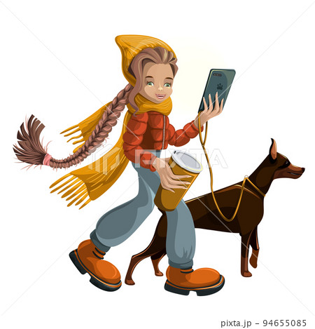 Vector image of a girl who is passionate about the phone and coffee, and walking the dog. Isolated on white background. EPS 10 94655085