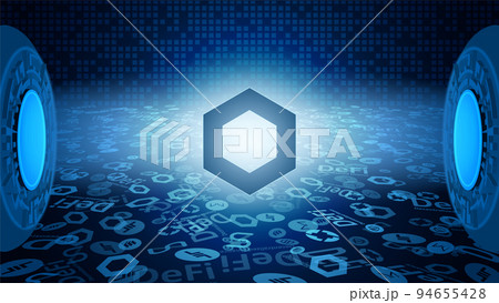 ChainlLink LINK token symbol of the DeFi system shining in the rays of light. Cryptocurrency logo icon. Decentralized finance programs. Vector EPS10. 94655428