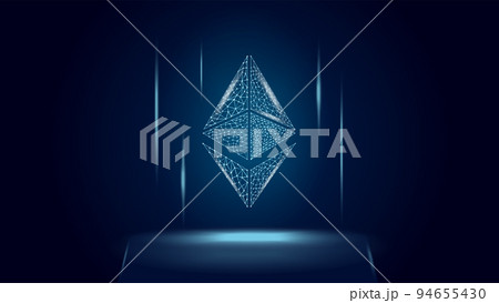 Ethereum ETH cryptocurrency token symbol, coin icon on dark polygonal wireframe background. Digital gold for website or banner. Vector EPS10. Ethereum ETH cryptocurrency token symbol, coin icon on dark polygonal wireframe background. Digital gold for website or banner. Vector EPS10. 94655430