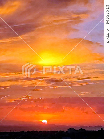 瀬戸内の播磨灘に沈む「夕日・夕焼け」水彩画風のイラスト素材