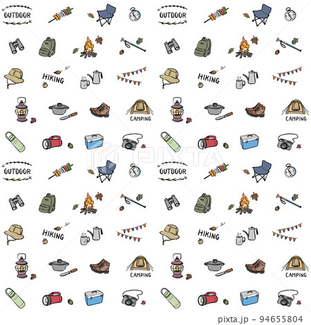 アウトドアグッズのイラスト　手描き　カラー　背景素材 94655804