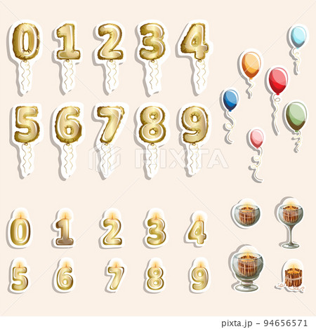 Vector image of holiday stickers with balloons and candles. Cartoon style. EPS 10 94656571