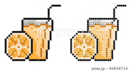 Pixel icon. Glass of refreshing citrus juice with straw and orange slice. Refreshing drinks in summer heat. Simple retro game vector isolated on white background Pixel icon. Glass of refreshing citrus juice with straw and orange slice. Refreshing drinks in summer heat. Simple retro game vector isolated on white background 94656714