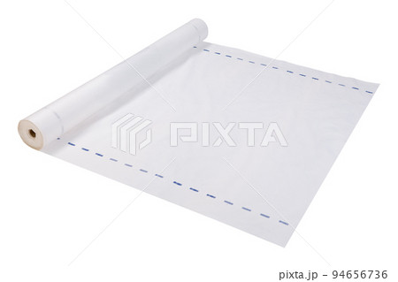 a large roll of white waterproof fabric for roof sealing, half deployed, roofing materials, isolate 94656736