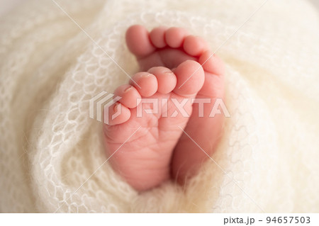 The tiny foot of a newborn. Soft feet of a newborn in a white woolen blanket. Close up of toes, heels and feet of a newborn baby. Studio Macro photography. Woman's happiness. The tiny foot of a newborn. Soft feet of a newborn in a white woolen blanket. Close up of toes, heels and feet of a newborn baby. Studio Macro photography. Woman's happiness. 94657503