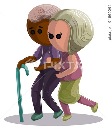 Vector image of an elderly couple with disabilities. A dark-skinned grandfather with a stick and a woman by his arm. EPS 10. Concept. Image on white background Vector image of an elderly couple with disabilities. A dark-skinned grandfather with a stick and a woman by his arm. EPS 10. Concept. Image on white background 94660094