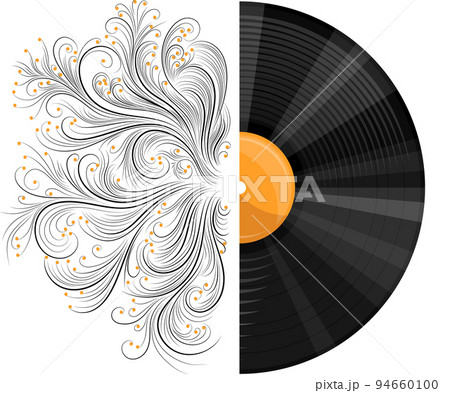 Vector image of a musical record with a pattern or engraving in a realistic style with cartoon elements. EPS 10. Isolated on white background Vector image of a musical record with a pattern or engraving in a realistic style with cartoon elements. EPS 10. Isolated on white background 94660100