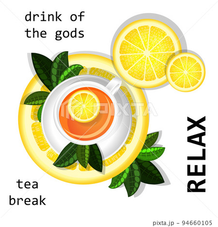 Vector image of a cup and saucer filled with tea with the addition of lemon. To enhance the visuals, the cup is placed on the lemon slice. EPS 10 94660105