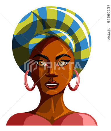 Vector image of a dark-skinned girl in a turban in full face isolated on a white background. EPS 10 94660157