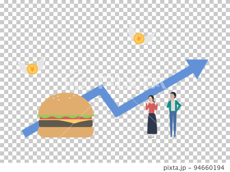 値上げラッシュ！昔はハンバーガーが80円で買えたのに…なイラスト素材 94660194