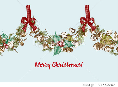 Hand drawn botanical sketch garland with color christmas plants Vintage engraving style illustration Seamless horizontal holiday pattern Hand drawn botanical sketch garland with color christmas plants Vintage engraving style illustration Seamless horizontal holiday pattern 94660267