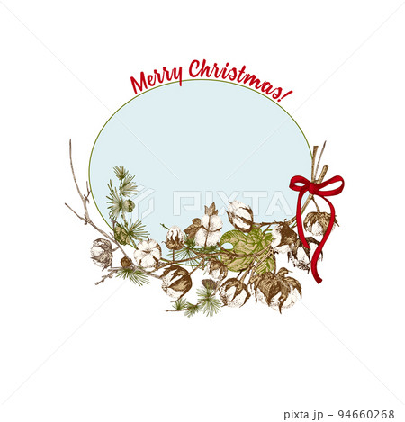 Hand drawn botanical sketch garland with christmas plants branches. Vintage engraving style. Traditional holiday decoration. For design festive card, invitation, poster, banner. Hand drawn botanical sketch garland with christmas plants branches. Vintage engraving style. Traditional holiday decoration. For design festive card, invitation, poster, banner. 94660268