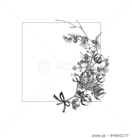 Hand drawn botanical sketch garland with christmas plants Vintage engraving black and white style illustration Traditional holiday decoration. Hand drawn botanical sketch garland with christmas plants Vintage engraving black and white style illustration Traditional holiday decoration. 94660277