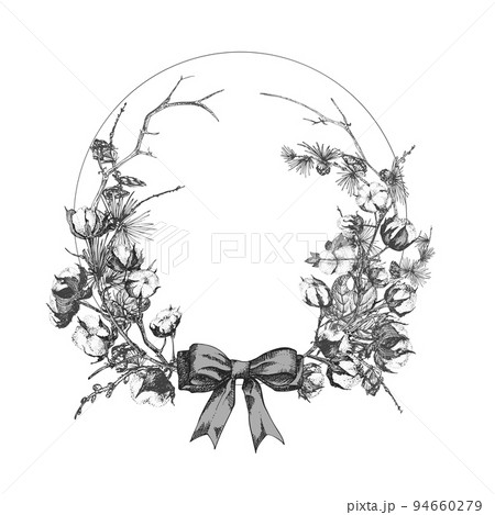 Hand drawn botanical sketch garland with christmas plants Vintage engraving black and white style illustration Traditional holiday decoration. Hand drawn botanical sketch garland with christmas plants Vintage engraving black and white style illustration Traditional holiday decoration. 94660279