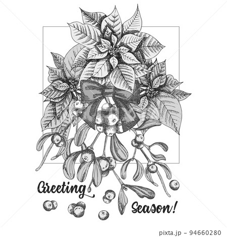 Hand drawn botanical sketch garland with christmas plants Vintage engraving black and white style illustration Traditional holiday decoration. 94660280