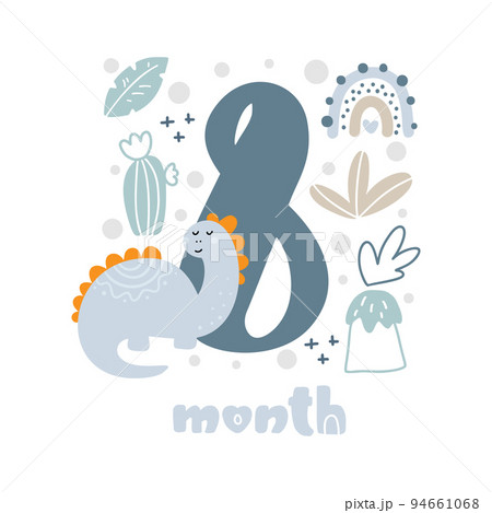 8 eight months Baby boy anniversary card metrics. Baby shower print with cute animal dino, flowers and palm capturing all special moments. Baby milestone card for newborn 94661068