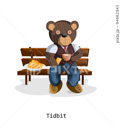 Vector image of a toy bear sitting with a cup and a treat. Concept. EPS 10 94662945