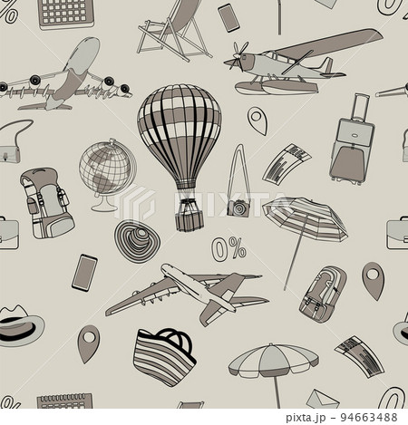 Seamless texture on the theme of aviation and tourism. Vector. 94663488