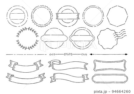 ビンテージスタンプとリボンとフレーム手描き細い線バージョン 94664260