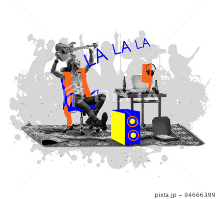 Stylish man, rock musician sitting at home and listening to music. Colorful minimalism. Music, studying, fans emotions, youth concept Stylish man, rock musician sitting at home and listening to music. Colorful minimalism. Music, studying, fans emotions, youth concept 94666399