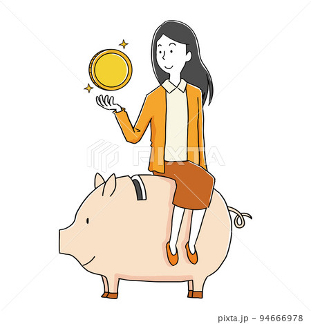 豚の貯金箱に乗ったお金を貯める女性 94666978