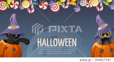 Halloween night background. Black cat and owl are inside pumpkins. Sorcery hat. Sweet treat 94667397