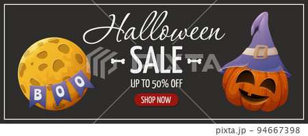 Halloween sale flyer. Pumpkin in the sorcery hat and full moon with text boo. Vector illustration. 94667398