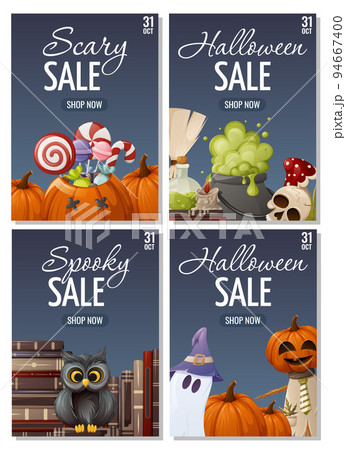 Halloween sale poster set. Pumpkins with sweet treat, bookstore and owl, ghost and scarecrow 94667400