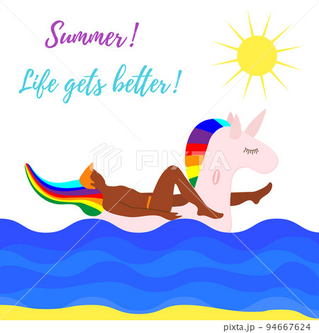 Man swims on inflatable unicorn on the sea Vector 94667624