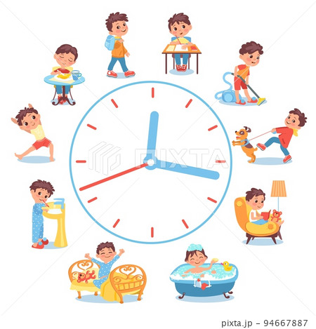 Boy daily routine. Children everyday activities and habits. Dial clock. Kids scheduling. Hygiene or studying. Teen eating and sleeping. Time to training or reading. Splendid vector concept 94667887