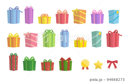 プレゼントの箱のイラスト　カラフルなラッピングとリボンのギフトボックス　クリスマスプレゼント 94668273
